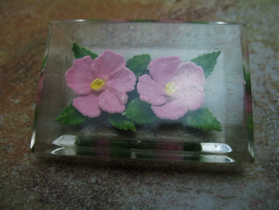 Lucite Reverse Carved Pink Roses Brooch Pin - image 2