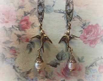 Earrings Pink Pearl Art Deco Bird Antique Gold Dangles 2.75" Long Delicate Feminine fish hook earwires