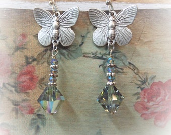 Earrings Butterfly Connector and Swarovski Black Diamond Crystals on Stainless Steel Hook Ear Wires