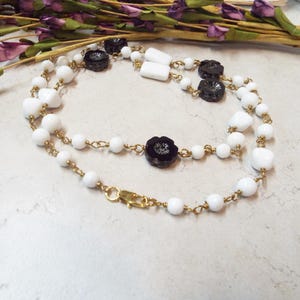 Necklace 29&quot; Vintage Milk Glass and Black Czech Glass Flower Beads and Brass chain necklace with Lobster clasp Closure