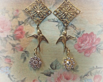 Earrings Swarovski Victorian Filigree Bird Antique Gold Dangles 2.5" Long Delicate Feminine fish hook earwires