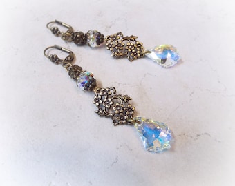 Earrings Baroque Aurora Borealis Swarovski Crystal Flower Filigree Antiqued Gold Floral Leverback 2.75" Long