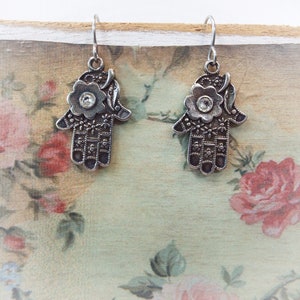 Antiqued Sterling Silver Hamsa Hand Crystal Earrings 1.5&quot; Long Stainless Steel Ear Wires