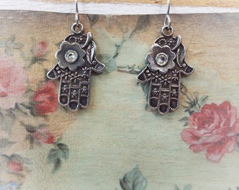 Antiqued Sterling Silver Hamsa Hand Crystal Earrings 1.5" Long Stainless Steel Ear Wires