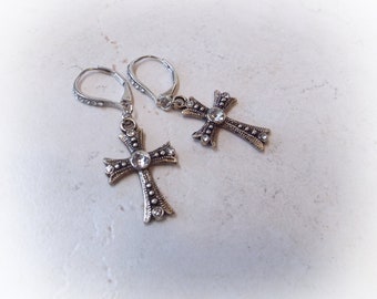 Antiqued Sterling Silver and Crystal Cross Earrings 1.75" Long Leverbacks