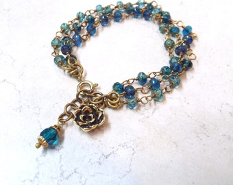 Bracelet 3 Strand Beachy Blues Czech Glass Brass Bracelet Spring Ring Succulent Charm Clasp 7.5" Long