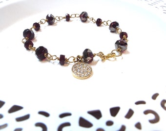 Rosary Style Garnet Red Czech Glass Brass Bracelet with Charm Spring Ring Clasp 8"