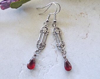 Pendientes Art Deco de piedra preciosa de granate rojo bañados en plata rosa hechos a mano de 2" de largo