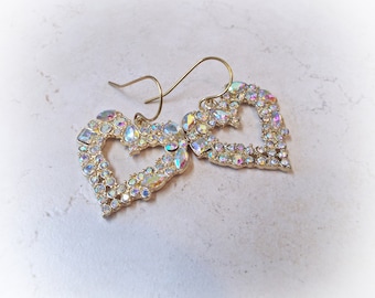 Aurora Borealis AB Crystal Heart Earrings 1.75" long and 1.25" wide Super sparkle Brass hook ear wires