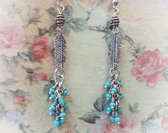 Tiny Turquoise Seed Bead Earrings on Antiqued Silver Feather Connector 2.75" Long Dangles stainless steel ear wires