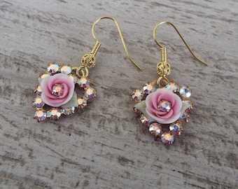 Swarovski Crystal Little Pink Roses Aurora Borealis Filigree Brass Earrings