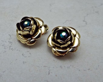 Boucles D'oreilles Vintage Clips En Métal Doré Avec Quartz Aurore Boréale Miel - Modèle E150