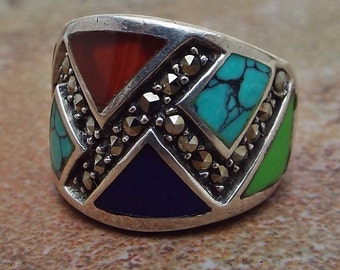Sterling Silver Marcasite and Gemstone inlay ring