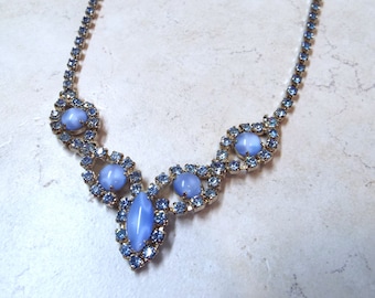 Vintage Unsigned Rhinestone Silver and Blue Parure Necklace 15" and screw back earrings 1.25" Maybe a Sherman