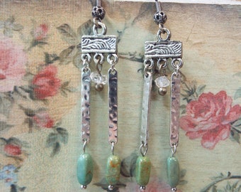 Earrings Genuine Turquoise and Herkimer Diamonds Silver Plated Roman Style Dangles 2.75" Long