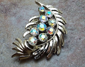 AB Rhinestone Gold Plated Leaf Brooch Pin