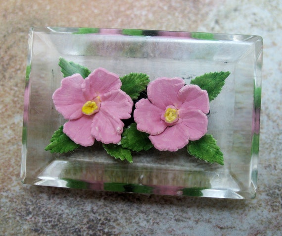 Lucite Reverse Carved Pink Roses Brooch Pin - image 1