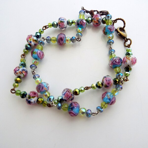 Vintage Style Feminine Beaded Lampwork Roses Bracelets You Pick Color