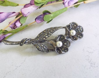 Marsala Marcasite Pearl and Sterling Silver Calla Lily Brooch Pin 2.5" Long Stamped .925