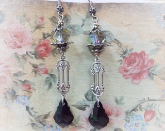 Earrings Art Deco Rose Connector and Swarovski Black Diamond and Black Baroque Crystals on Filigree Hook Ear Wires 3-1/8" Long Silver