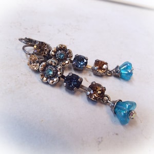 Teal Blue and Topaz Crystal with Czech Glass Silver Earrings On Leverbacks 2&quot; Long made with recycled Parts