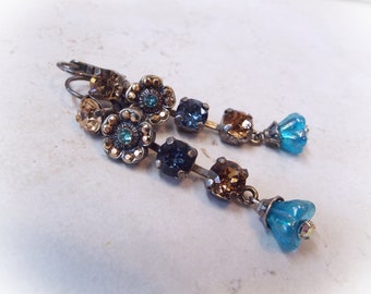 Teal Blue and Topaz Crystal with Czech Glass Silver Earrings On Leverbacks 2" Long made with recycled Parts