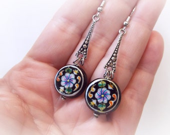 Painted Ceramic Czech Antiqued Silver Earrings On Stainless Steel Ear Wires 2-5/8" Long