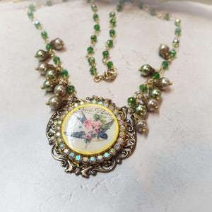 Necklace AB Crystal Filigree Brass and Pearl "Carte Postal" Swallow Chain 19" long 1.5" Pendant