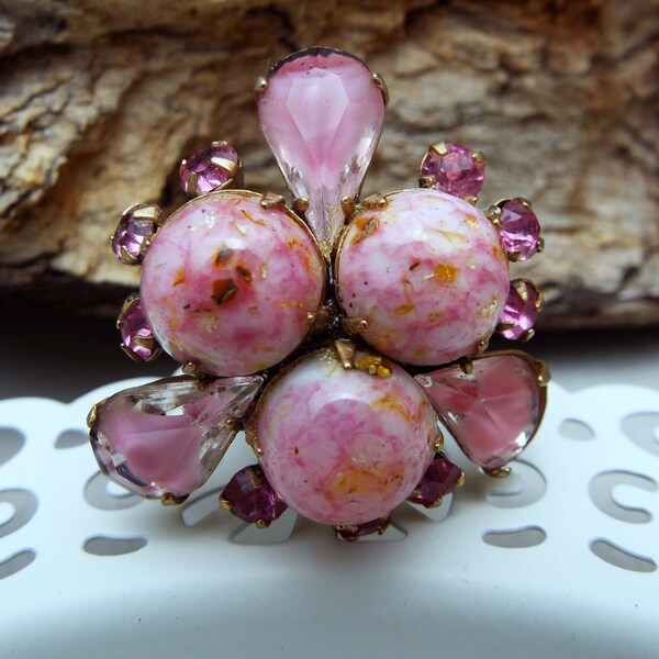 Ring Large Adjustable Pink Givre Glass Cocktail Ring made from old Earrings antique bronze base