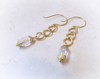 Gold Plated Linear Chain Earrings Sparkly Crystal on Fish Hook Brass Ear Wires 2.5" long