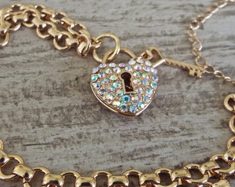 Aurora Borealis Crystal Heart and Key Gold Chain Necklace 16" Long with a 2.5" extender