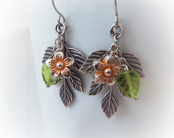 Antiqued Silver Leaf Flower Earrings Dangle 2" Long on Handmade Stainless Steel ear wires