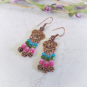 Colorful Pink Green And Blue Jade Genuine Copper Earrings 2.25&quot; Long
