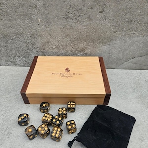 Four Seasons Hotel Shanghai Wooden Box | Marbled Gold & Black Dice Set (Velvet Pouch)