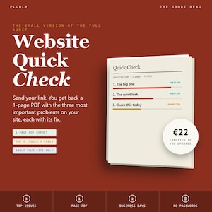 May include: A dark red promotional graphic for a website audit service titled Website Quick Check. It features a white document showing a Quick Check list with three items, a price of €22, and text detailing a 1-page PDF report with top 3 issues.