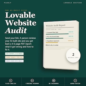 May include: A dark green promotional graphic for a Lovable Website Audit service. It features a document titled Website Audit Report with three numbered items and a circular badge stating 2 business days. Text includes Plodly and Lovable Edition.