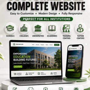May include: A promotional graphic for an AI-powered customizable website service. It features a laptop and smartphone displaying a website for an educational institute, surrounded by icons for schools, colleges, and universities, with text detailing features.
