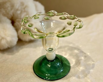 Handblown Green Glass Compote: Ruffled Rim Pedestal Trinket Bowl