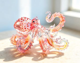Polvo em vidro soprado rosa e dourado, cor personalizada, decoração de mesa em vidro soprado com tema de animais marinhos, presente para amantes do oceano.