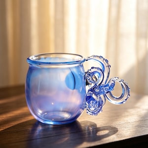Hand Blown Blue Gradient Glass Mug, Lampwork Octopus Handle Cup, All Holiday Marine Lover Gift