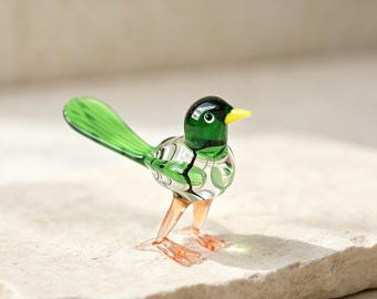 Hand Blown Glass Bird Figurine, Green Sparrow Art Glass, Handmade Animal Sculpture, Father's Day gift