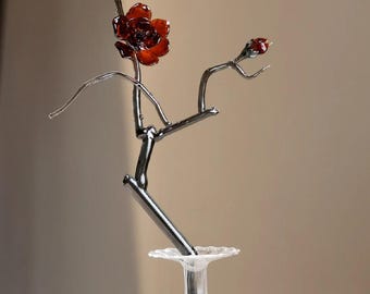Handmade Glass Plum Blossom Branch, Ruby Red Art Glass Flower Sculpture, Crystal Vase Floral Art, Unique Gift