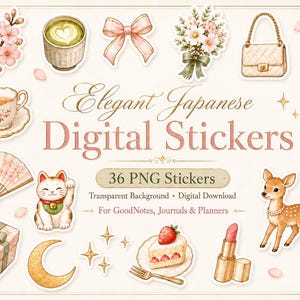 Puede incluir: Una colección de pegatinas digitales con ilustraciones en acuarela de flores de cerezo, un matcha latte, un lazo rosa, un ramo de flores, un bolso, perfume, una taza de té, un abanico, un gato de la suerte, un regalo, una luna creciente, pastel y un ciervo.