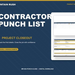 Contractor Punch List and Project Closeout Template | Construction Final Walkthrough | Job Completion Tracker | Excel