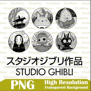 May include: A set of six circular black and white illustrations featuring various animated characters in natural settings, including a forest, mountains, and starry skies. Below the circles, the text reads Studio Ghibli in Japanese and English.