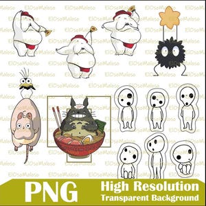 May include: A digital illustration sheet featuring various animated characters including white figures with red hats, a black fuzzy creature holding a yellow star, a pink mouse-like creature, a grey creature eating ramen, and six white forest spirits.