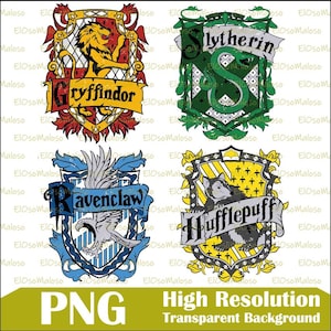 May include: Four heraldic crests featuring Gryffindor with a lion, Slytherin with a snake, Ravenclaw with an eagle, and Hufflepuff with a badger. Each shield displays its respective house name in black text across a banner on a white background.