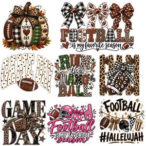 Puede incluir: Una colección de nueve diseños gráficos digitales con temas de fútbol americano, que incluyen calabazas, balones de fútbol, lazos y textos como Game Day, Football is my favorite season, Run the dang ball y Football Hallelujah.