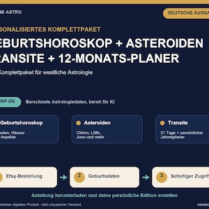 以下が含まれることがあります： NANAMI ASTRO DEUTSCHE AUSGABEと題されたダークブルーのデジタル製品情報グラフィック。出生図、小惑星、トランジット、12ヶ月プランナーを含むパーソナライズされた占星術パッケージの詳細が、3つのステップで記載されています。