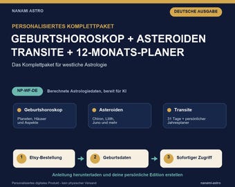 Pacote de Mapa Astral Personalizado em Alemão | Trânsitos, Asteroides e Planejador Astrológico de 1 Ano | NP-WF-DE